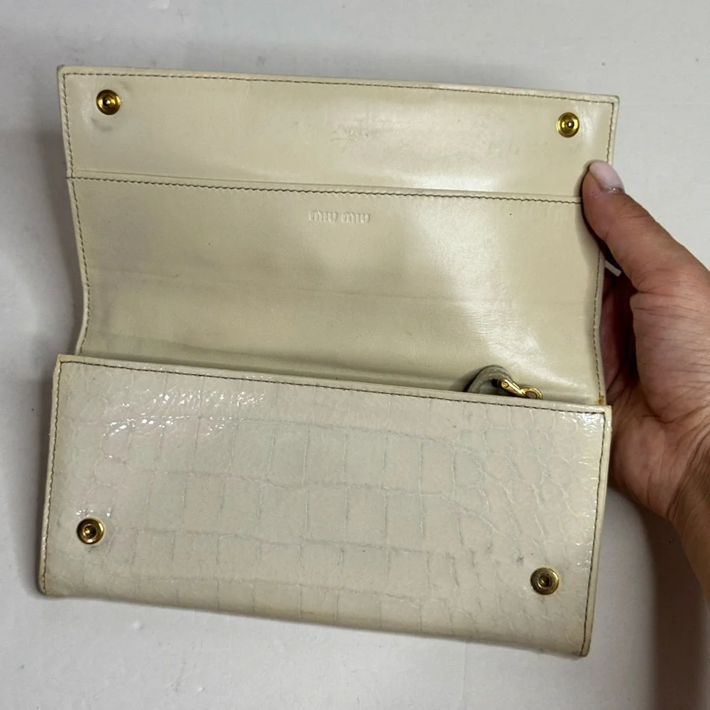 MIU MIU Croc Embossed Cream Leather Long Wallet